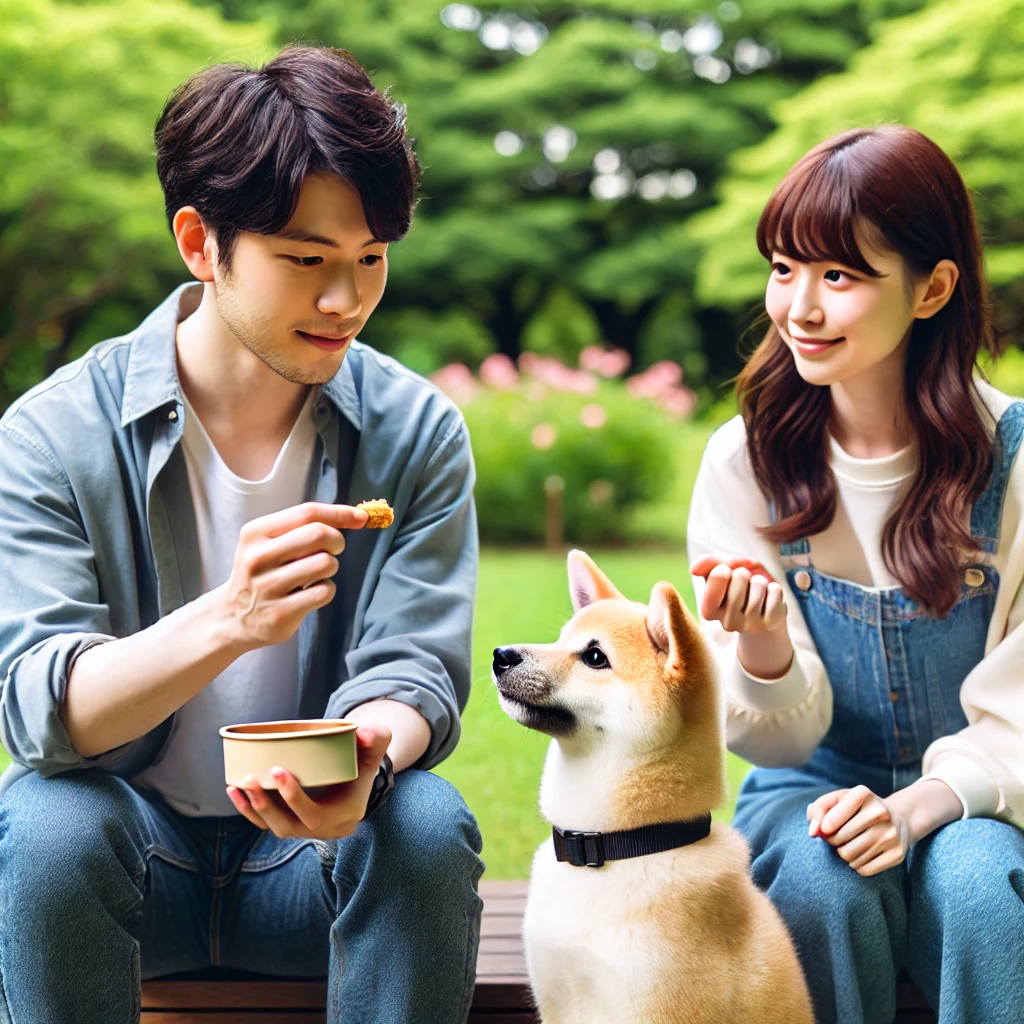 A-young-Japanese-couple-in-a-park-training-their-rental-dog-with-basic-commands.-The-man-is-holding-a-treat-while-the-woman-gestures-for-the-dog-to-s.webp