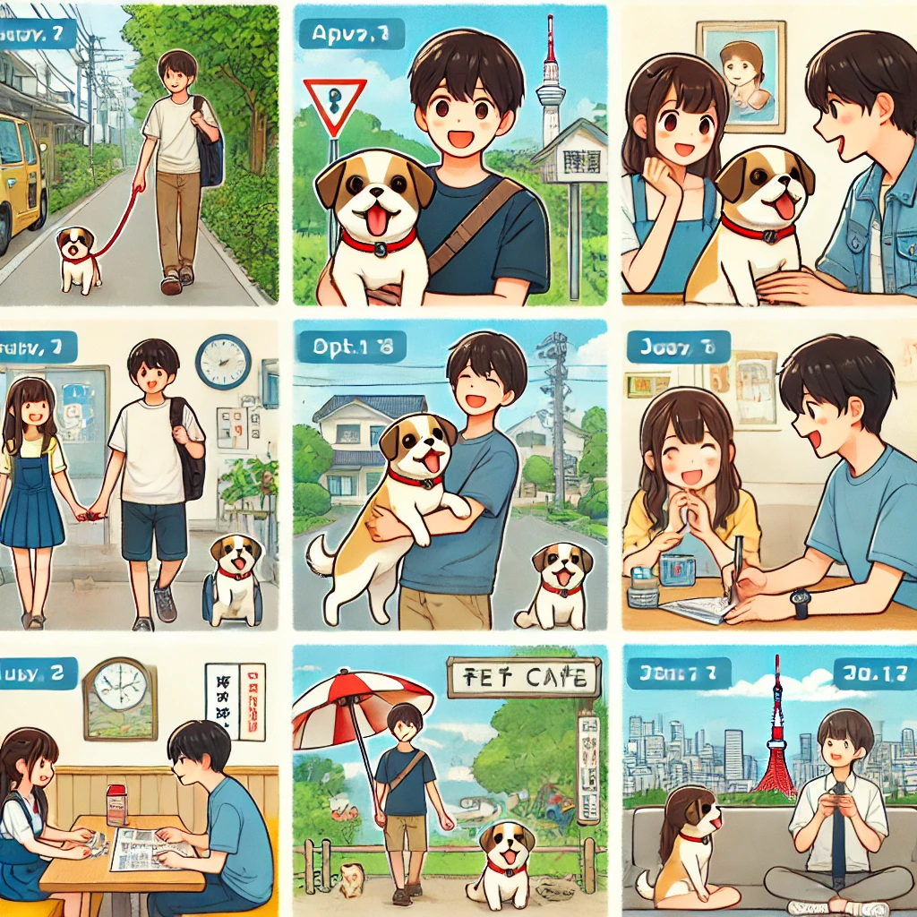 A-young-Japanese-couple-having-a-memorable-week-with-their-rental-dog.-The-scene-is-a-collage-showing-different-activities-for-each-day-of-the-week-s.webp