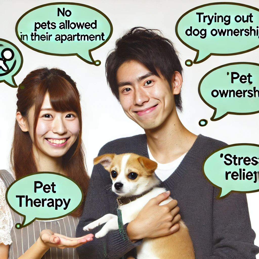 A-young-Japanese-couple-explaining-why-they-rent-dogs.-They-are-smiling-and-holding-a-small-dog-with-speech-bubbles-or-icons-around-them-showing-comm.webp