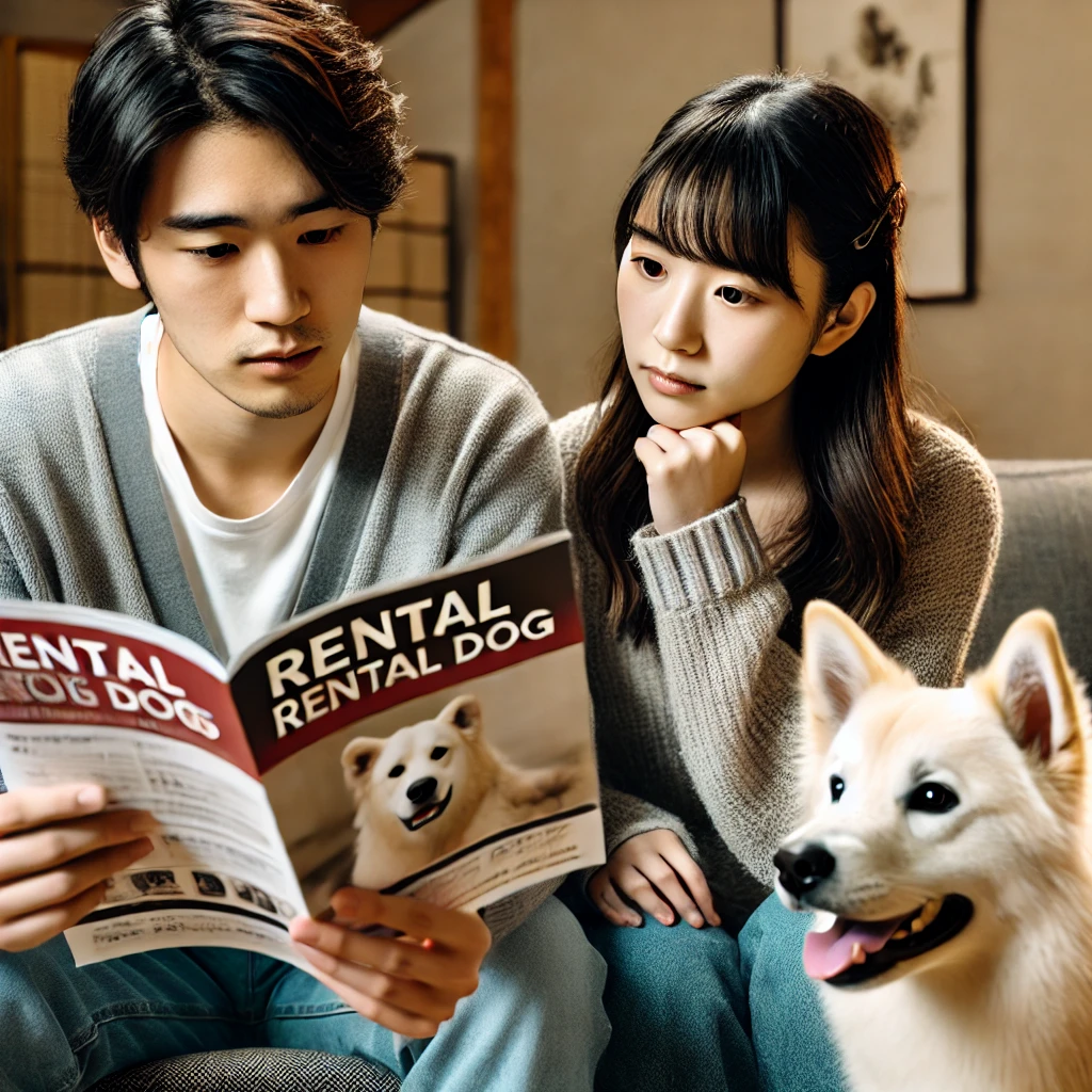 A-young-Japanese-couple-discussing-rental-dogs-with-a-worried-expression-on-their-faces-as-they-read-a-brochure-about-rental-dog-safety-tips.-The-sce.webp